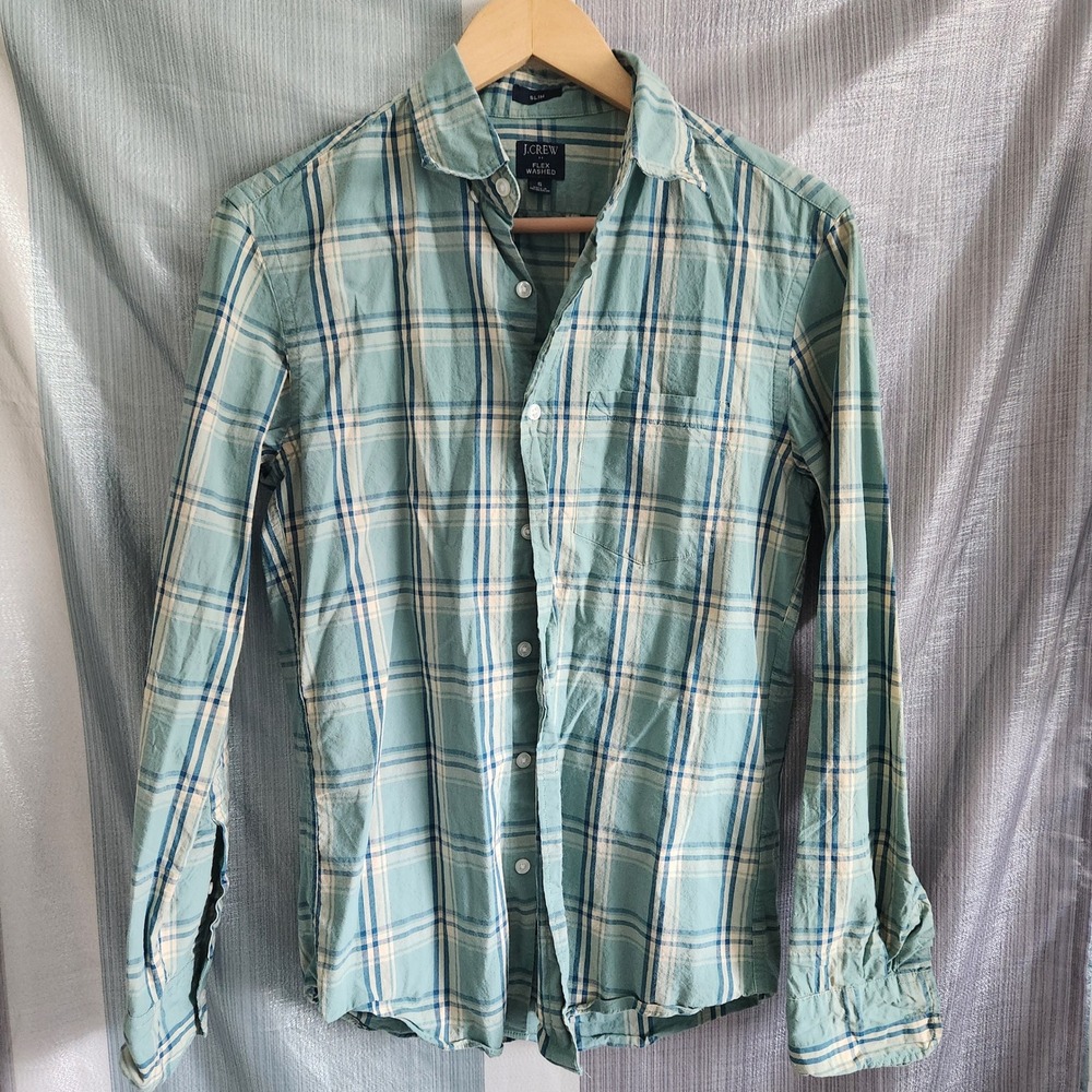 J.Crew Mens Slim Fit Flex Washed Plaid Button Down‎ Shirt Teal Blue S Office